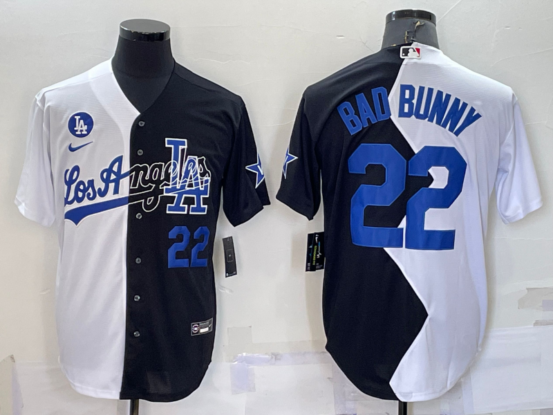 Men's Los Angeles Dodgers #22 Bad Bunny 2022 All-Star White/Black Split Cool Base Stitched Baseball Jersey Men's Los Angeles Dodgers #22 Bad Bunny 2022 All-Star White/Black Split Cool Base Stitched Baseball Jersey